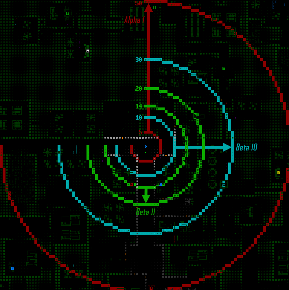 Cogmind Sensor Array Range Diagram (evolution during development)