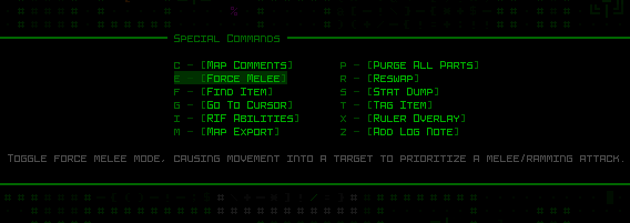 Cogmind Special Commands Menu: Force Melee