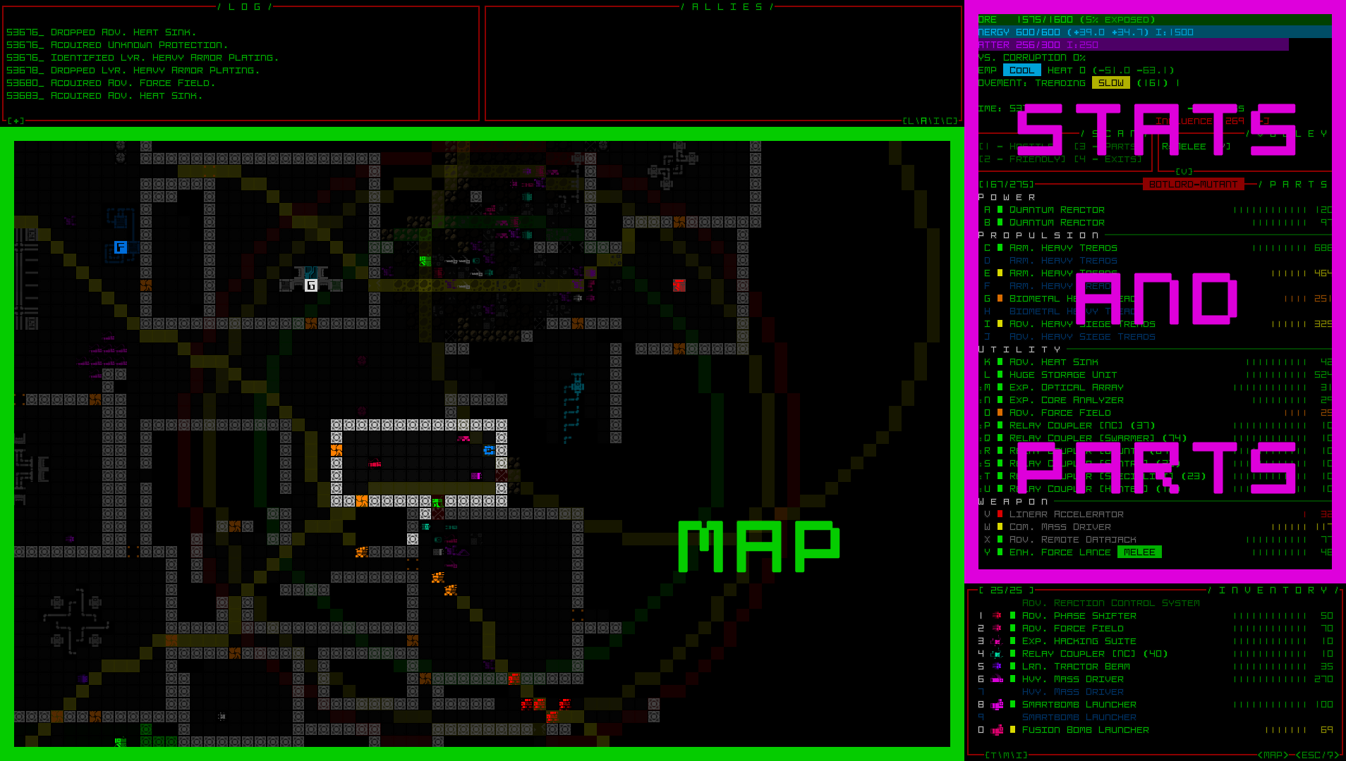 cogmind_essential_UI_areas_highlighted2